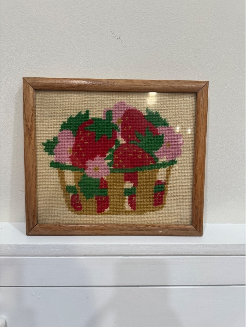 Framed Needlepoint Basket of Strawberries Wall Art